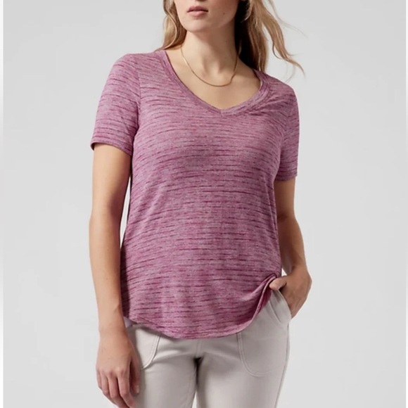 ATHLETA - Women’s Bashful Scoop V-Neck Short Sleeve Breezy T—Shirt, Pink, XL - Picture 1 of 8